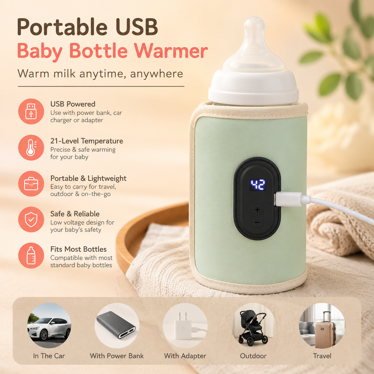Portable USB Baby Bottle Warmer โ Travel Milk Heater for Car & On-The-Go Feeding