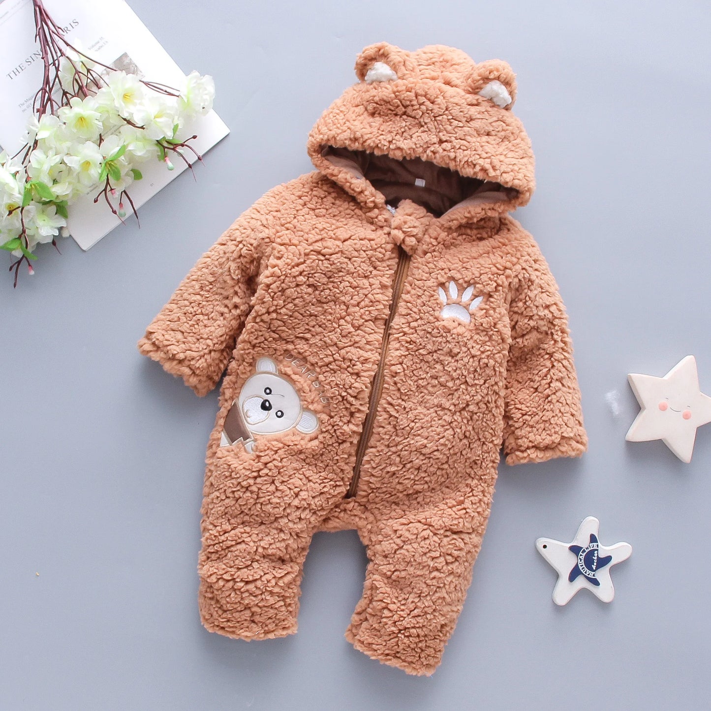 Winter Baby Bear Hooded Jumpsuit – Thick Warm Fleece Romper for Baby Girls