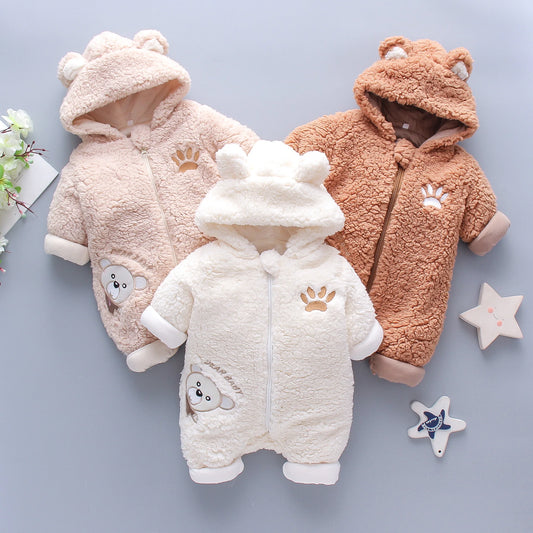 Winter Baby Bear Hooded Jumpsuit – Thick Warm Fleece Romper for Baby Girls