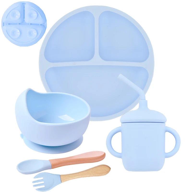 5-Piece Silicone Baby Tableware Set – Suction Plate, Bowl, Spoon & Fork Feeding Set