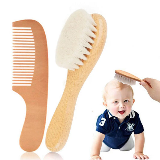 Baby Wool Brush & Wooden Comb Set – Soft Newborn Hair Brush for Gentle Scalp Care