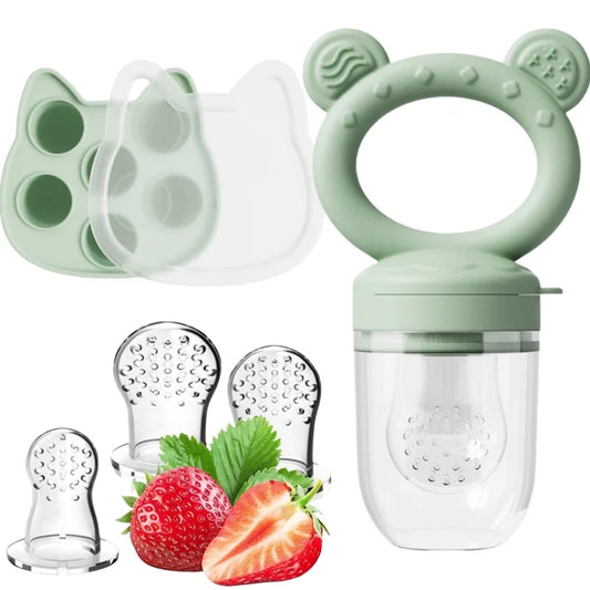 Silicone Baby Fruit Feeder & Freezer Tray Set – Self Feeding Pacifier for Fresh Food & Breastmilk Popsicles