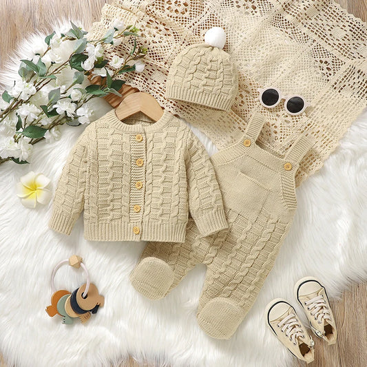 Newborn Knitted Sweater Romper Set – Warm Baby Jacket, Hat & Romper Outfit