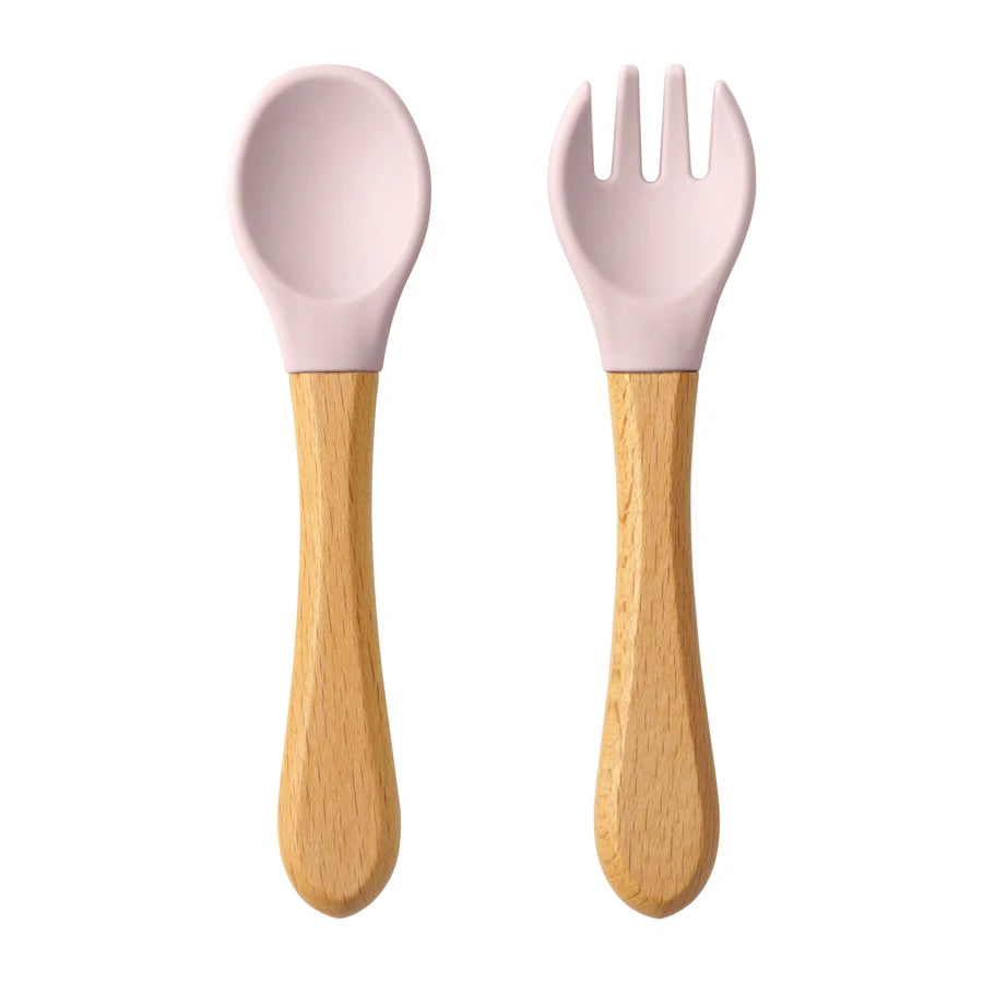 Silicone Baby Spoon & Fork Set – Wooden Handle Feeding Training Cutlery