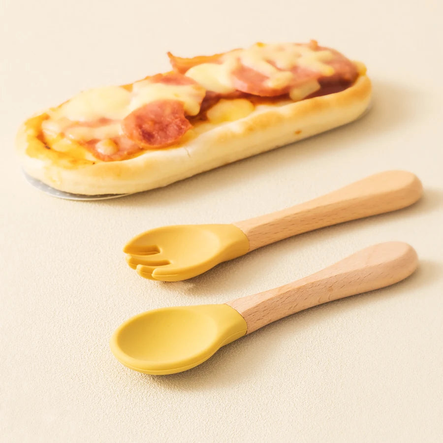 Silicone Baby Spoon & Fork Set – Wooden Handle Feeding Training Cutlery