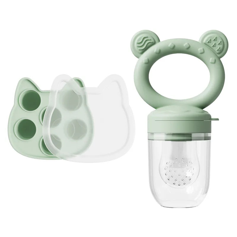Silicone Baby Fruit Feeder & Freezer Tray Set – Self Feeding Pacifier for Fresh Food & Breastmilk Popsicles