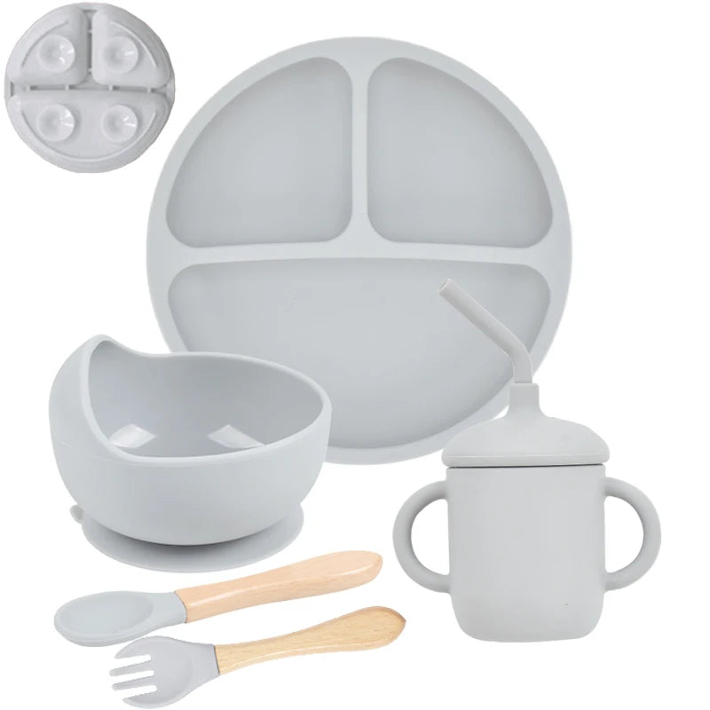 5-Piece Silicone Baby Tableware Set – Suction Plate, Bowl, Spoon & Fork Feeding Set
