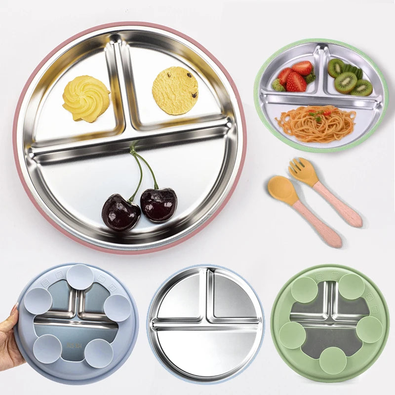 304 Stainless Steel Baby Divided Plate – Silicone Suction Base Toddler Feeding Tray