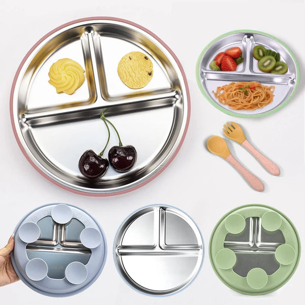 304 Stainless Steel Baby Divided Plate – Silicone Suction Base Toddler Feeding Tray
