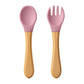 Silicone Baby Spoon & Fork Set – Wooden Handle Feeding Training Cutlery