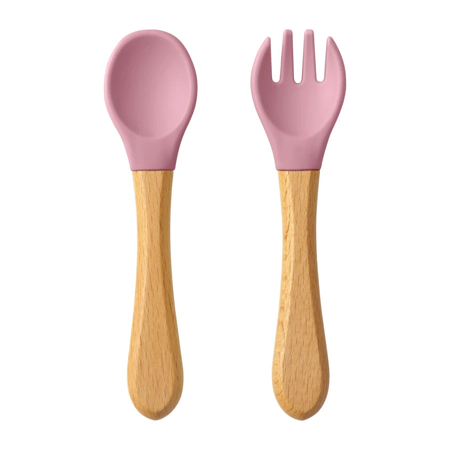 Silicone Baby Spoon & Fork Set – Wooden Handle Feeding Training Cutlery