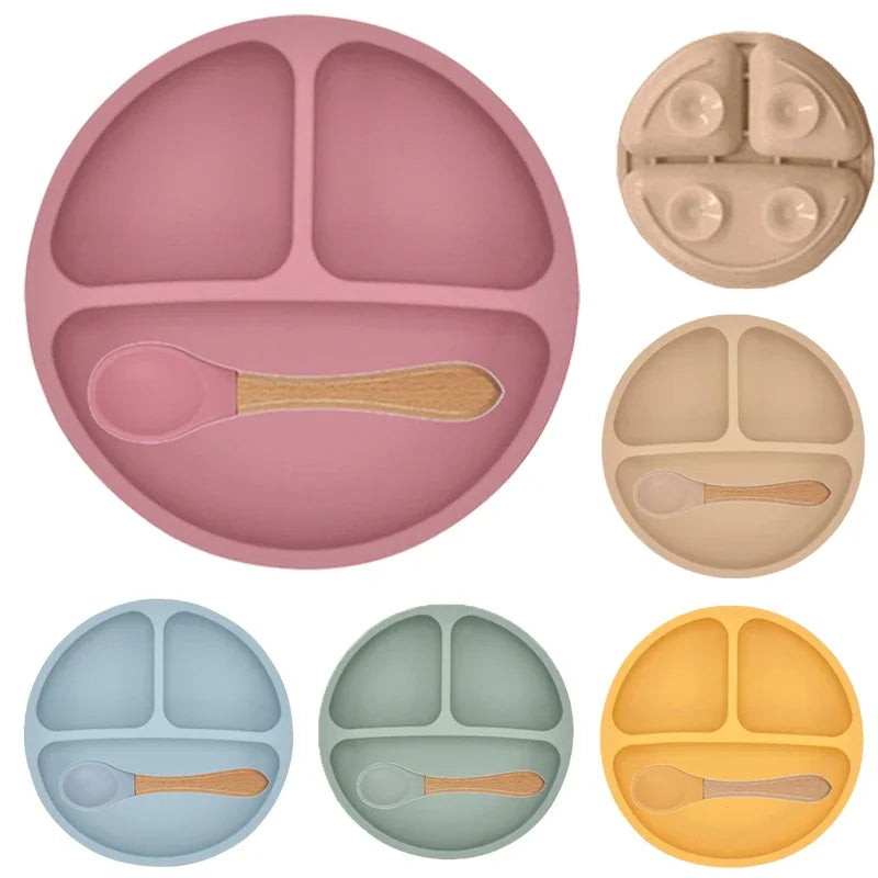 5-Piece Silicone Baby Tableware Set – Suction Plate, Bowl, Spoon & Fork Feeding Set