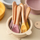 Silicone Baby Spoon & Fork Set – Wooden Handle Feeding Training Cutlery