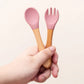 Silicone Baby Spoon & Fork Set – Wooden Handle Feeding Training Cutlery