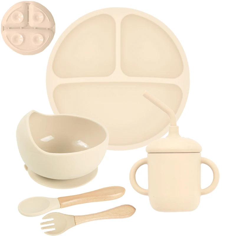 5-Piece Silicone Baby Tableware Set – Suction Plate, Bowl, Spoon & Fork Feeding Set