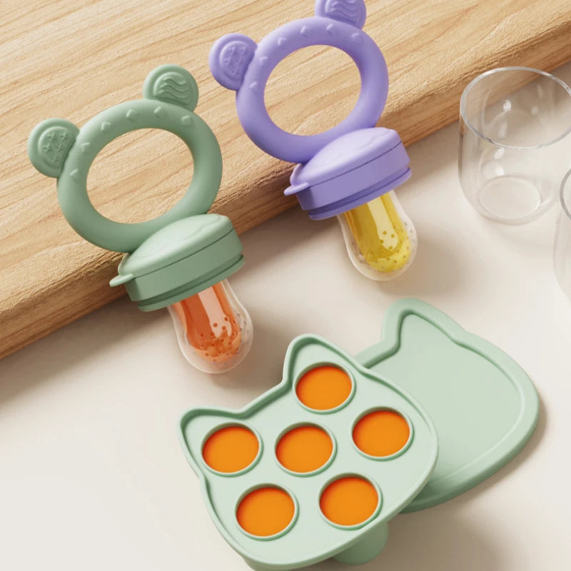 Silicone Baby Fruit Feeder & Freezer Tray Set – Self Feeding Pacifier for Fresh Food & Breastmilk Popsicles