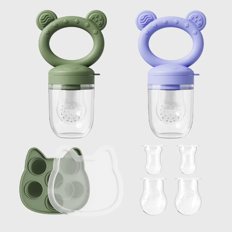 Silicone Baby Fruit Feeder & Freezer Tray Set – Self Feeding Pacifier for Fresh Food & Breastmilk Popsicles