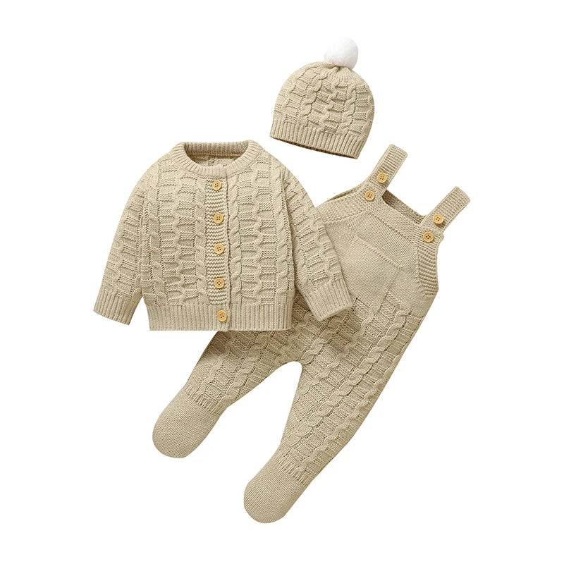 Newborn Knitted Sweater Romper Set – Warm Baby Jacket, Hat & Romper Outfit