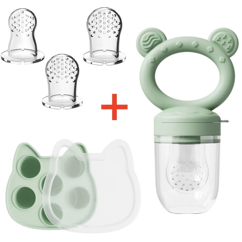 Silicone Baby Fruit Feeder & Freezer Tray Set – Self Feeding Pacifier for Fresh Food & Breastmilk Popsicles