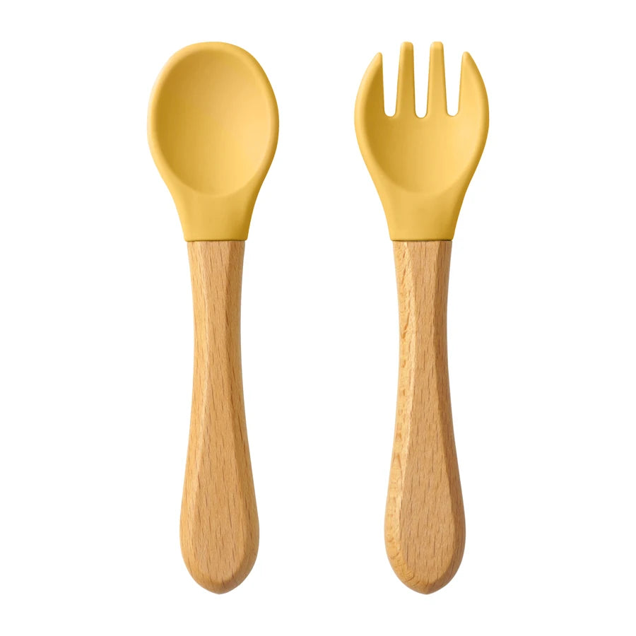 Silicone Baby Spoon & Fork Set – Wooden Handle Feeding Training Cutlery