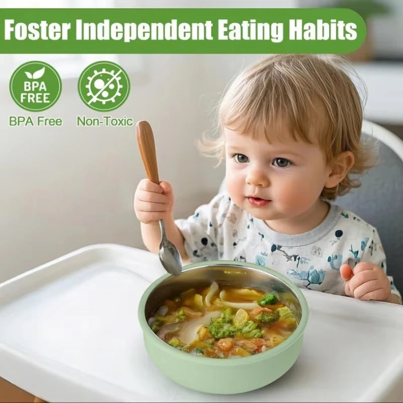 Silicone Suction Baby Bowl with Detachable Stainless Steel Bowl – Infant Feeding Tableware