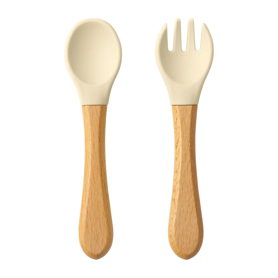 Silicone Baby Spoon & Fork Set – Wooden Handle Feeding Training Cutlery