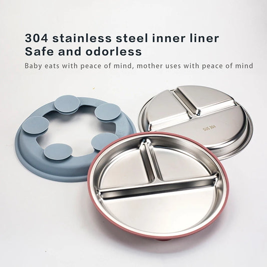 304 Stainless Steel Baby Divided Plate – Silicone Suction Base Toddler Feeding Tray