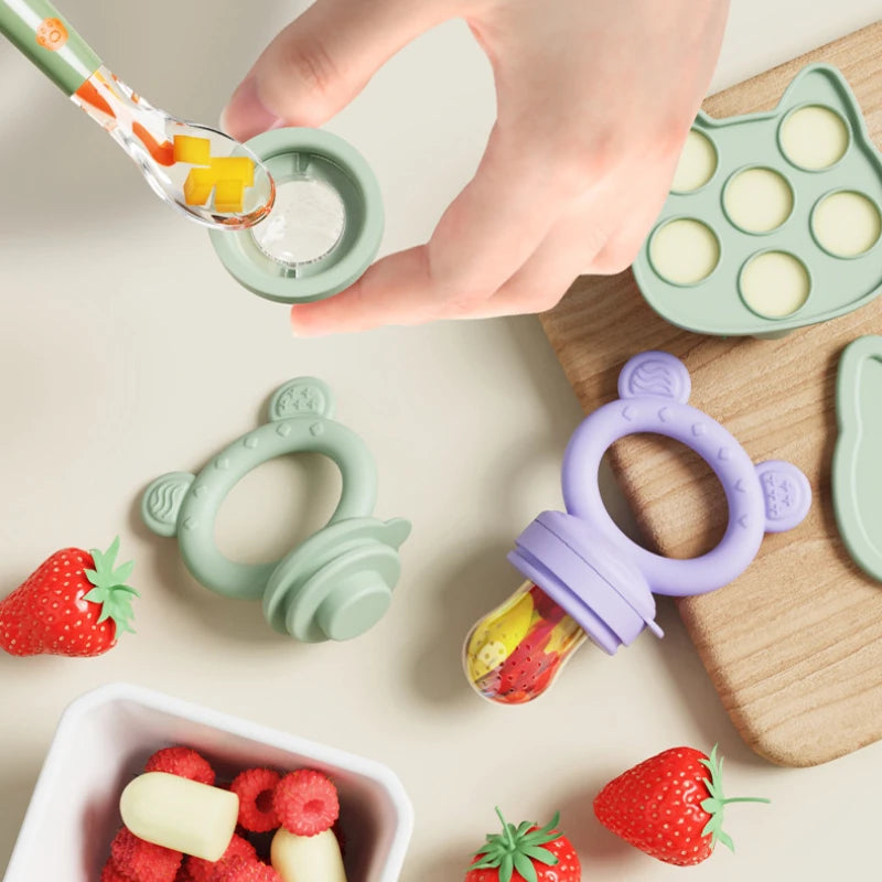 Silicone Baby Fruit Feeder & Freezer Tray Set – Self Feeding Pacifier for Fresh Food & Breastmilk Popsicles