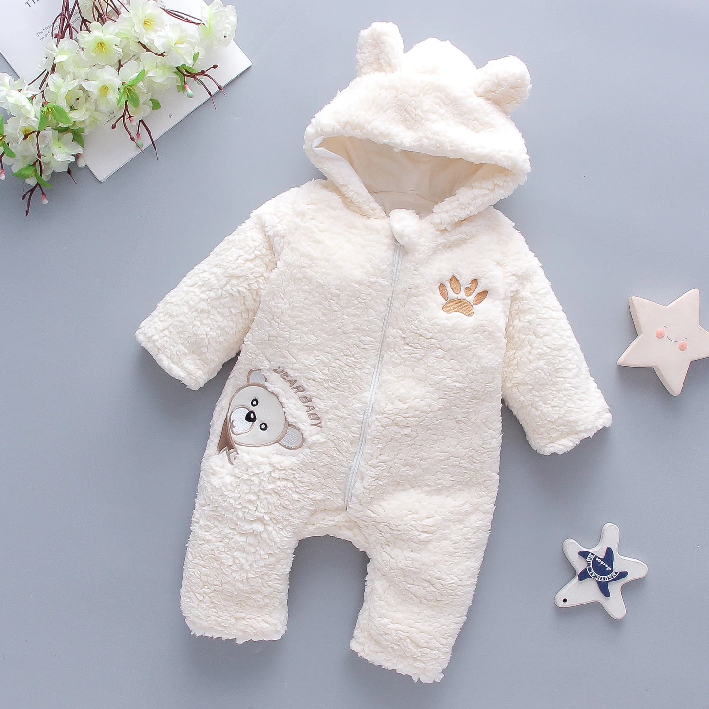 Winter Baby Bear Hooded Jumpsuit – Thick Warm Fleece Romper for Baby Girls
