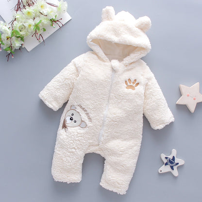Winter Baby Bear Hooded Jumpsuit – Thick Warm Fleece Romper for Baby Girls