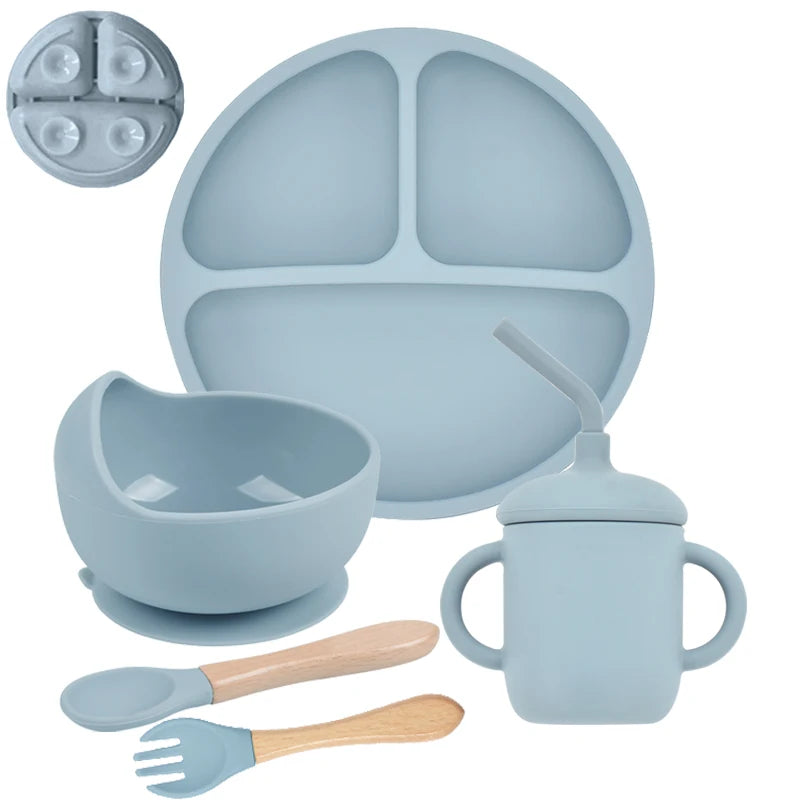 5-Piece Silicone Baby Tableware Set – Suction Plate, Bowl, Spoon & Fork Feeding Set