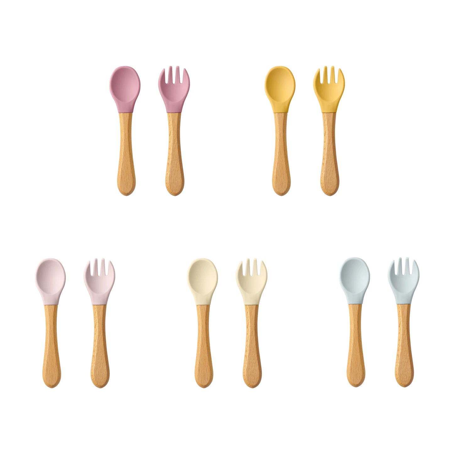 Silicone Baby Spoon & Fork Set – Wooden Handle Feeding Training Cutlery