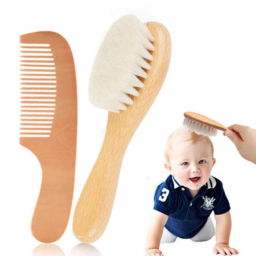 Baby Wool Brush & Wooden Comb Set – Soft Newborn Hair Brush for Gentle Scalp Care