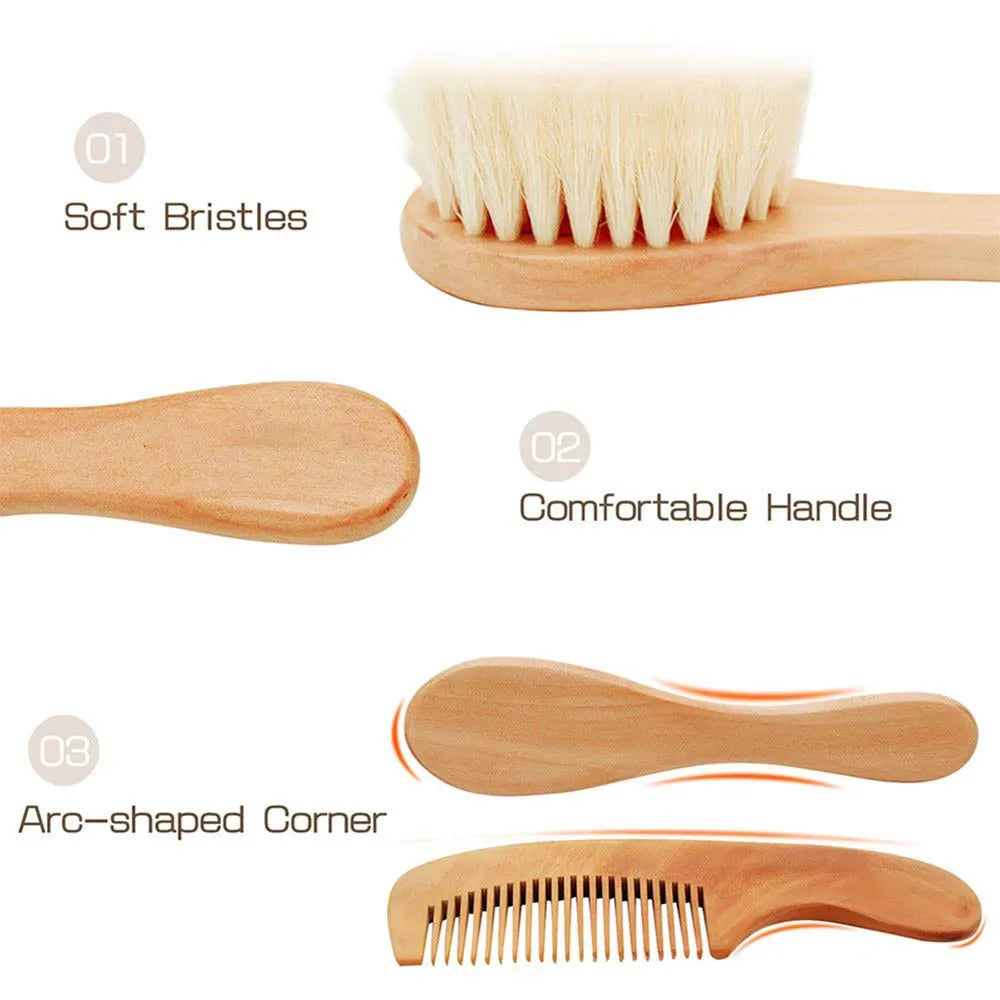 Baby Wool Brush & Wooden Comb Set – Soft Newborn Hair Brush for Gentle Scalp Care