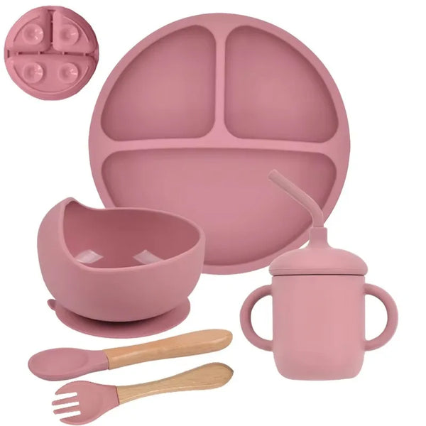 5-Piece Silicone Baby Tableware Set – Suction Plate, Bowl, Spoon & Fork Feeding Set