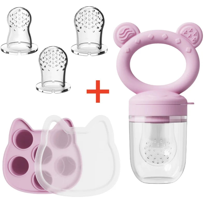 Silicone Baby Fruit Feeder & Freezer Tray Set – Self Feeding Pacifier for Fresh Food & Breastmilk Popsicles