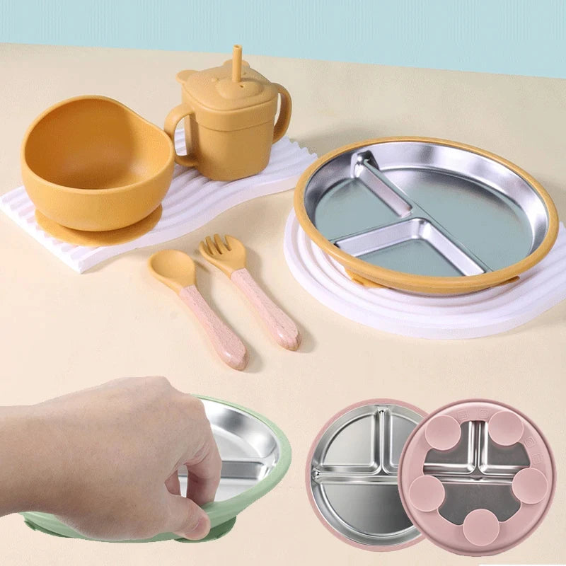 304 Stainless Steel Baby Divided Plate – Silicone Suction Base Toddler Feeding Tray