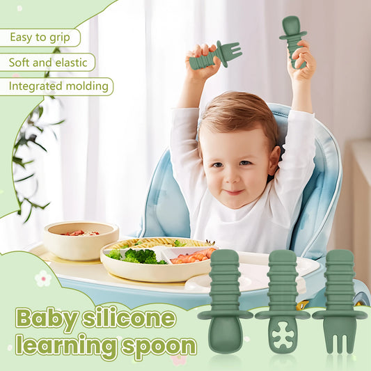 3-Piece Silicone Baby Spoon & Fork Feeding Set – Choking-Proof Self-Feeding Utensils