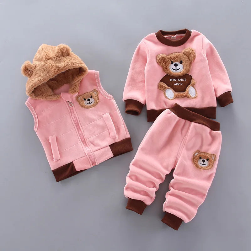 3-Piece Kids Winter Hooded Outfit Set – Warm Cartoon Jacket & Pants Set for Toddlers