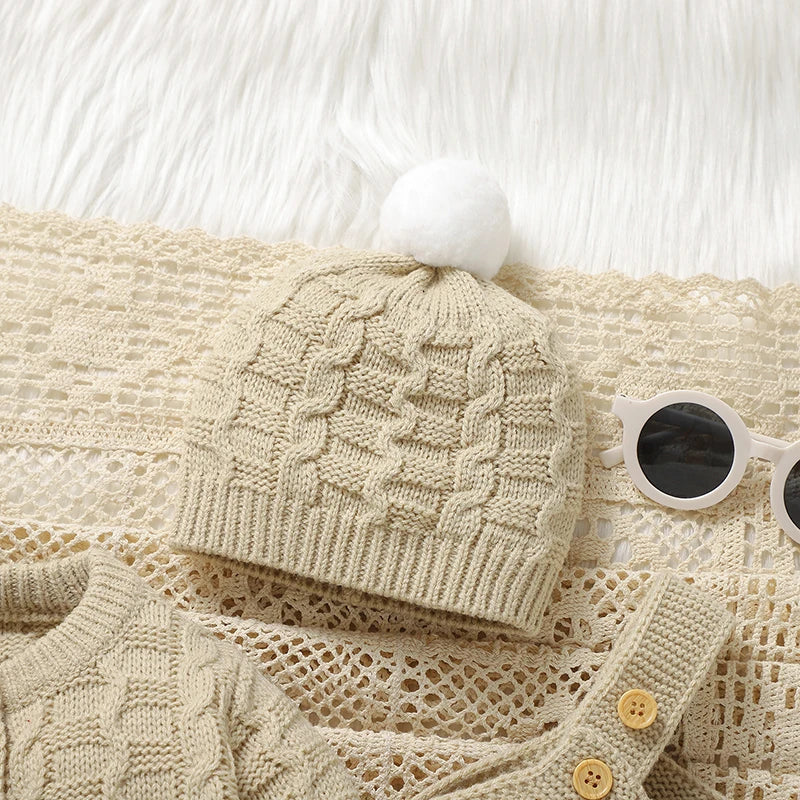 Newborn Knitted Sweater Romper Set – Warm Baby Jacket, Hat & Romper Outfit