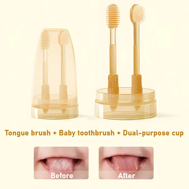 Baby Silicone Toothbrush & Tongue Cleaner Set – Soft Infant Oral Care Brush with Cover