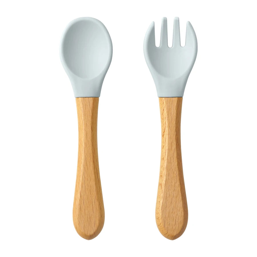 Silicone Baby Spoon & Fork Set – Wooden Handle Feeding Training Cutlery