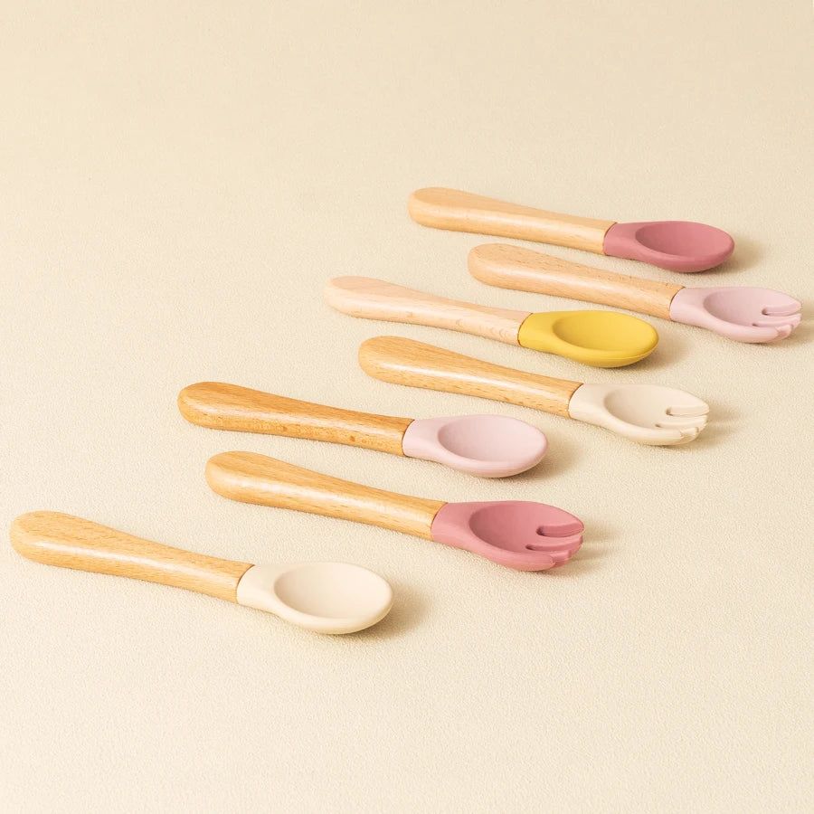 Silicone Baby Spoon & Fork Set – Wooden Handle Feeding Training Cutlery