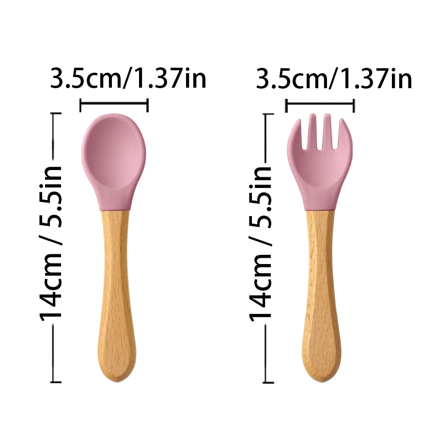 Silicone Baby Spoon & Fork Set – Wooden Handle Feeding Training Cutlery