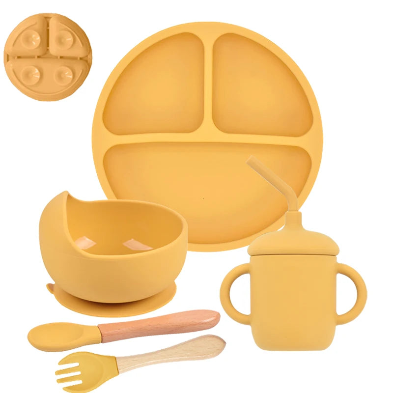 5-Piece Silicone Baby Tableware Set – Suction Plate, Bowl, Spoon & Fork Feeding Set