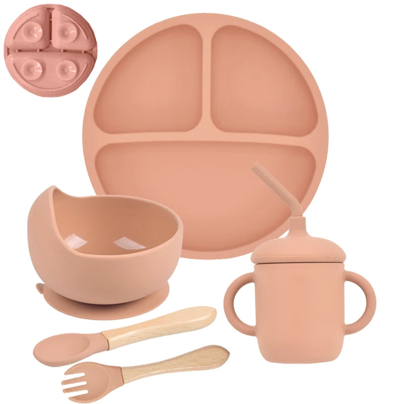 5-Piece Silicone Baby Tableware Set – Suction Plate, Bowl, Spoon & Fork Feeding Set
