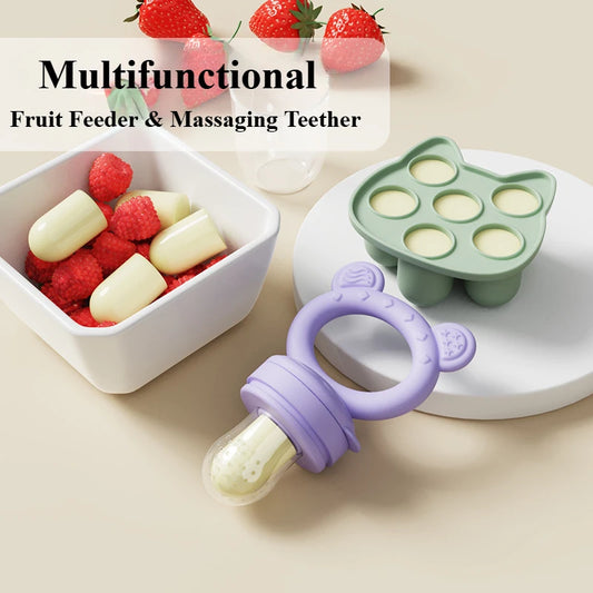 Silicone Baby Fruit Feeder & Freezer Tray Set – Self Feeding Pacifier for Fresh Food & Breastmilk Popsicles