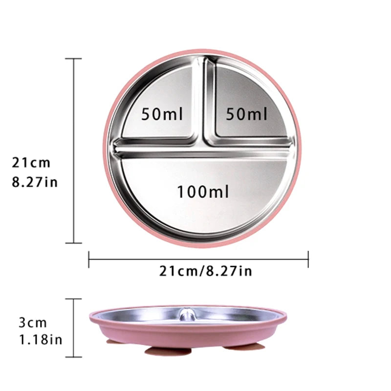304 Stainless Steel Baby Divided Plate – Silicone Suction Base Toddler Feeding Tray