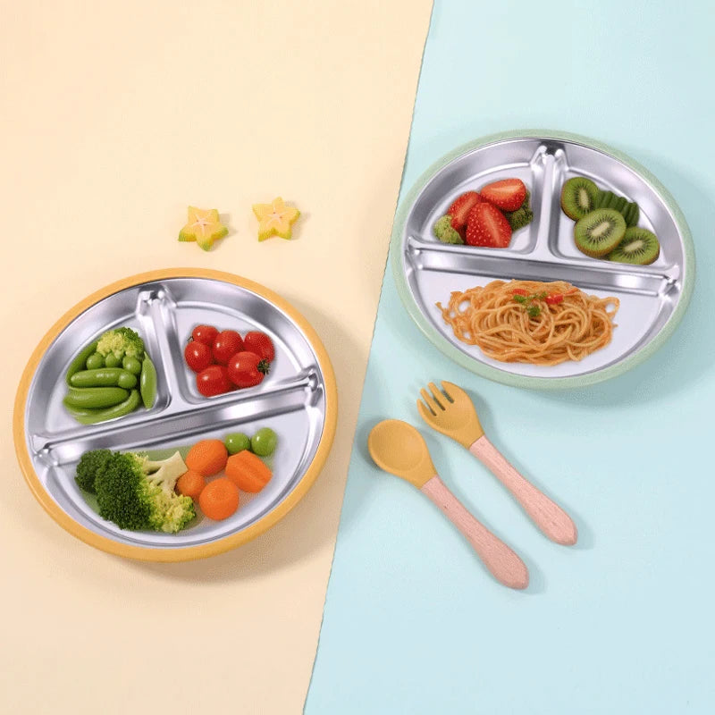 304 Stainless Steel Baby Divided Plate – Silicone Suction Base Toddler Feeding Tray