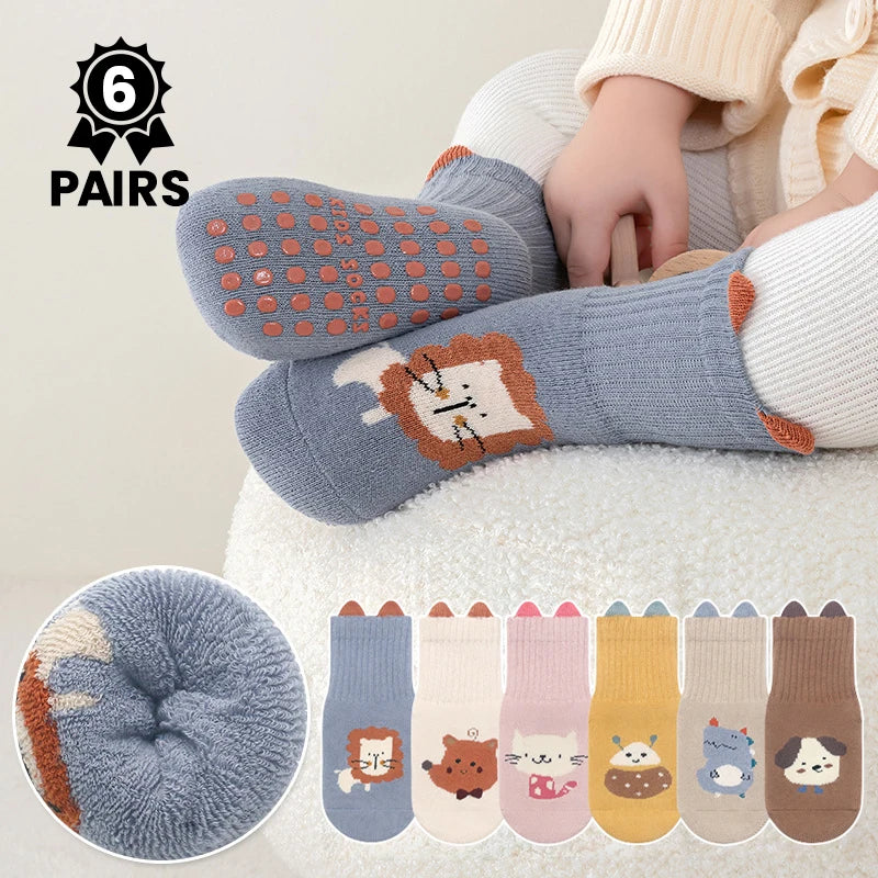 6-Pack Baby Non-Slip Animal Socks – Thick Soft Learning Socks for Toddlers